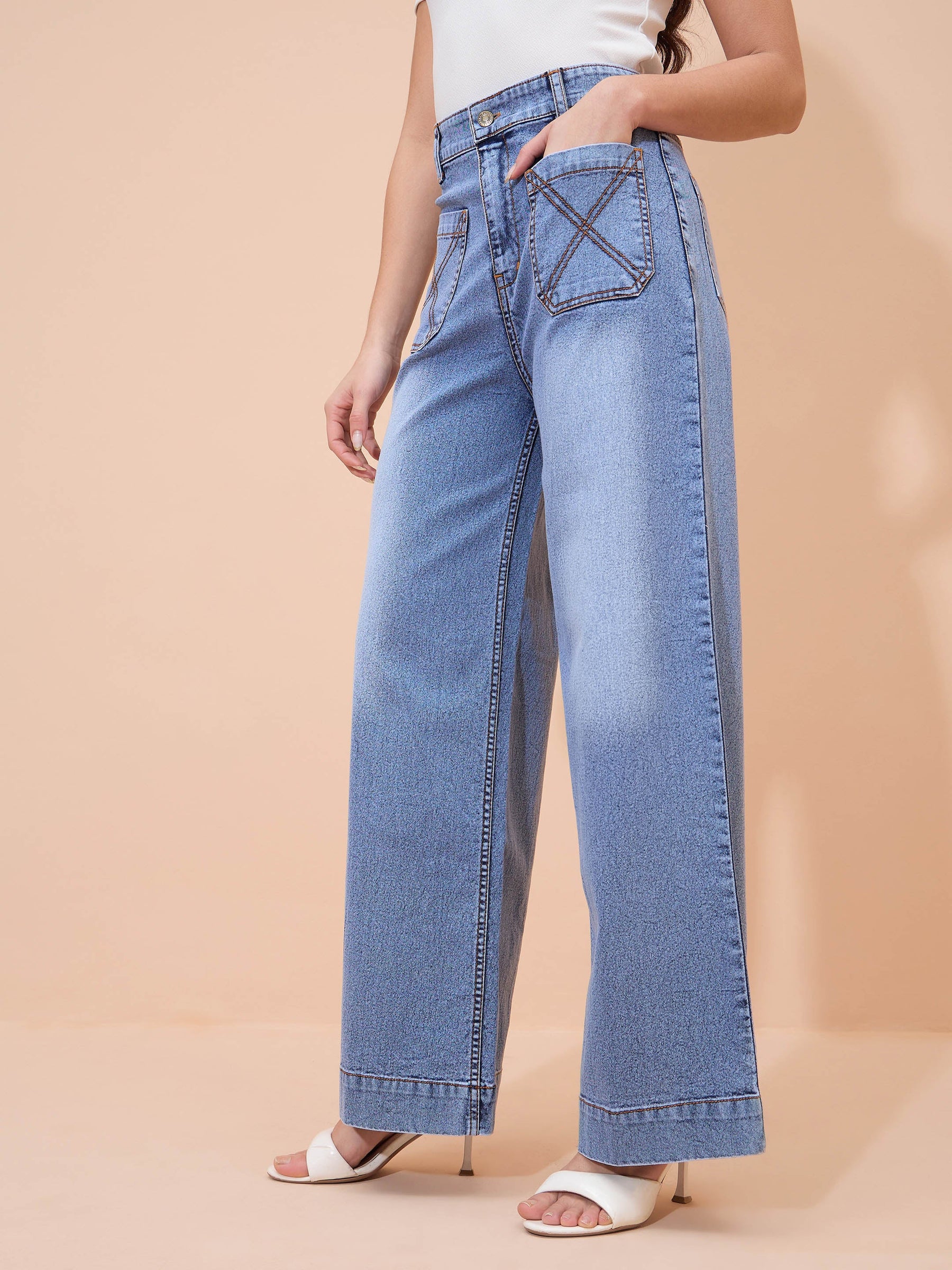 Blue Acid Wash Front Pocket Straight Fit Jeans-SASSAFRAS
