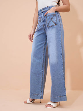 Blue Acid Wash Front Pocket Straight Fit Jeans-SASSAFRAS
