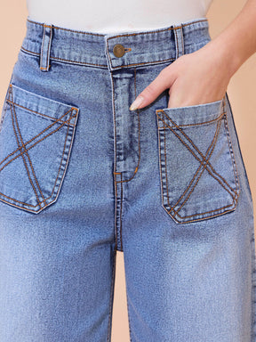 Blue Acid Wash Front Pocket Straight Fit Jeans-SASSAFRAS