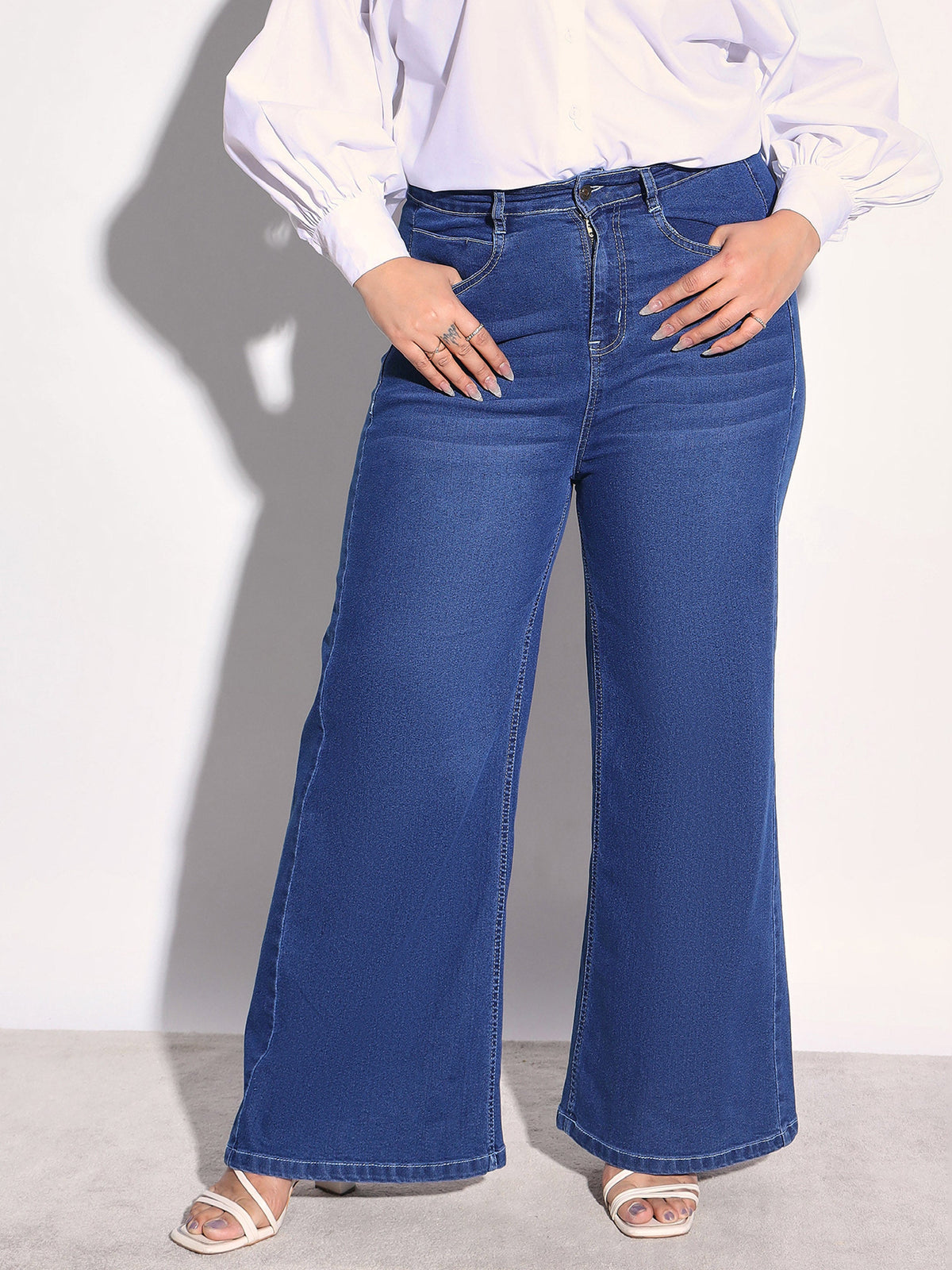 Navy Denim Side Seam Basic Straight Jeans -SASSAFRAS Curve