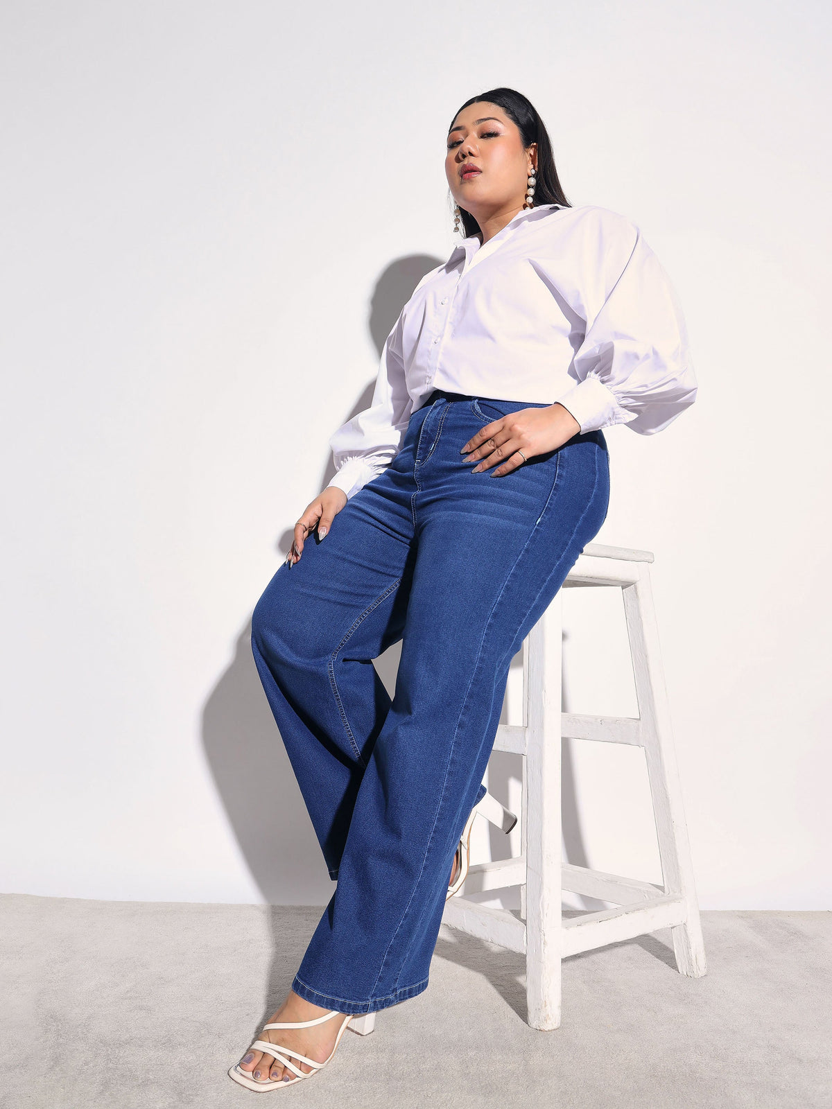 Navy Denim Side Seam Basic Straight Jeans -SASSAFRAS Curve