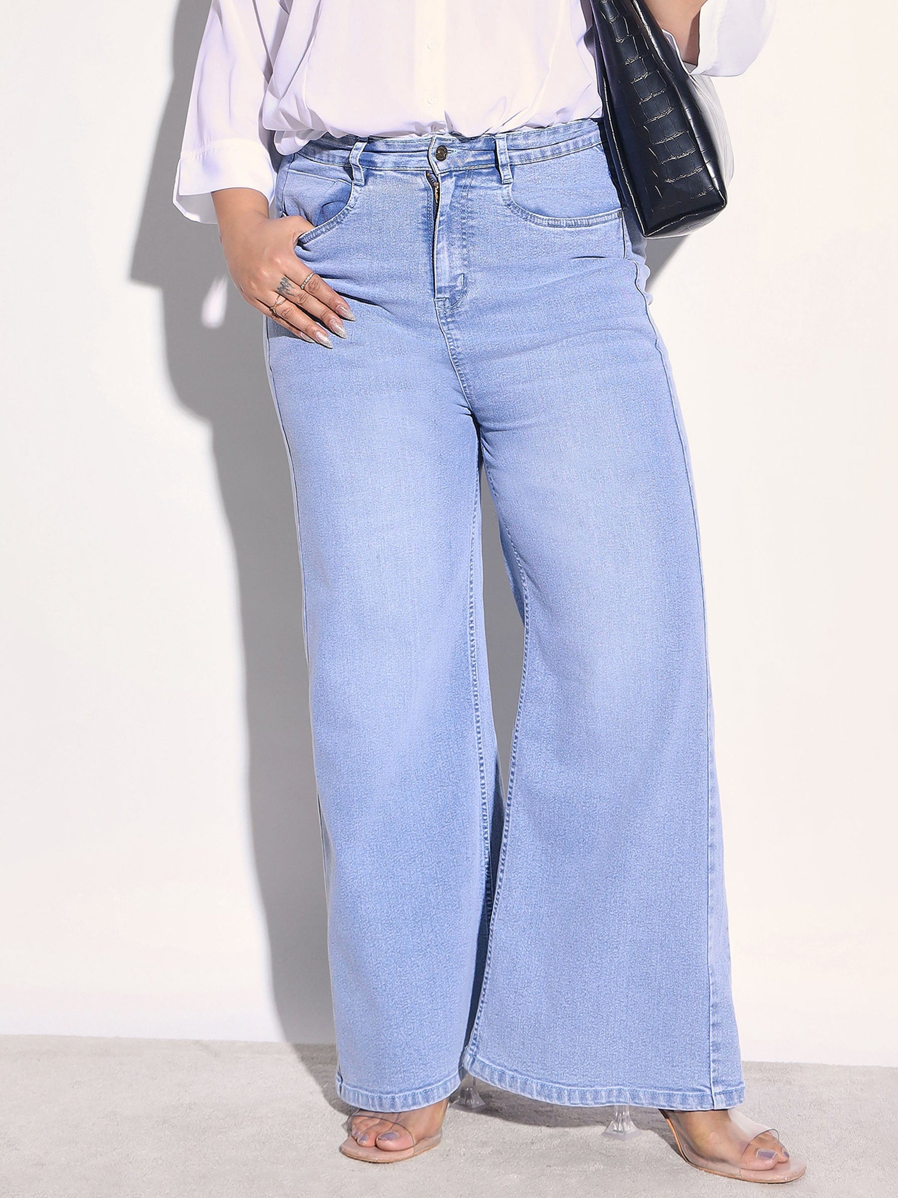 Ice Blue Denim Side Seam Basic Straight Jeans-SASSAFRAS Curve