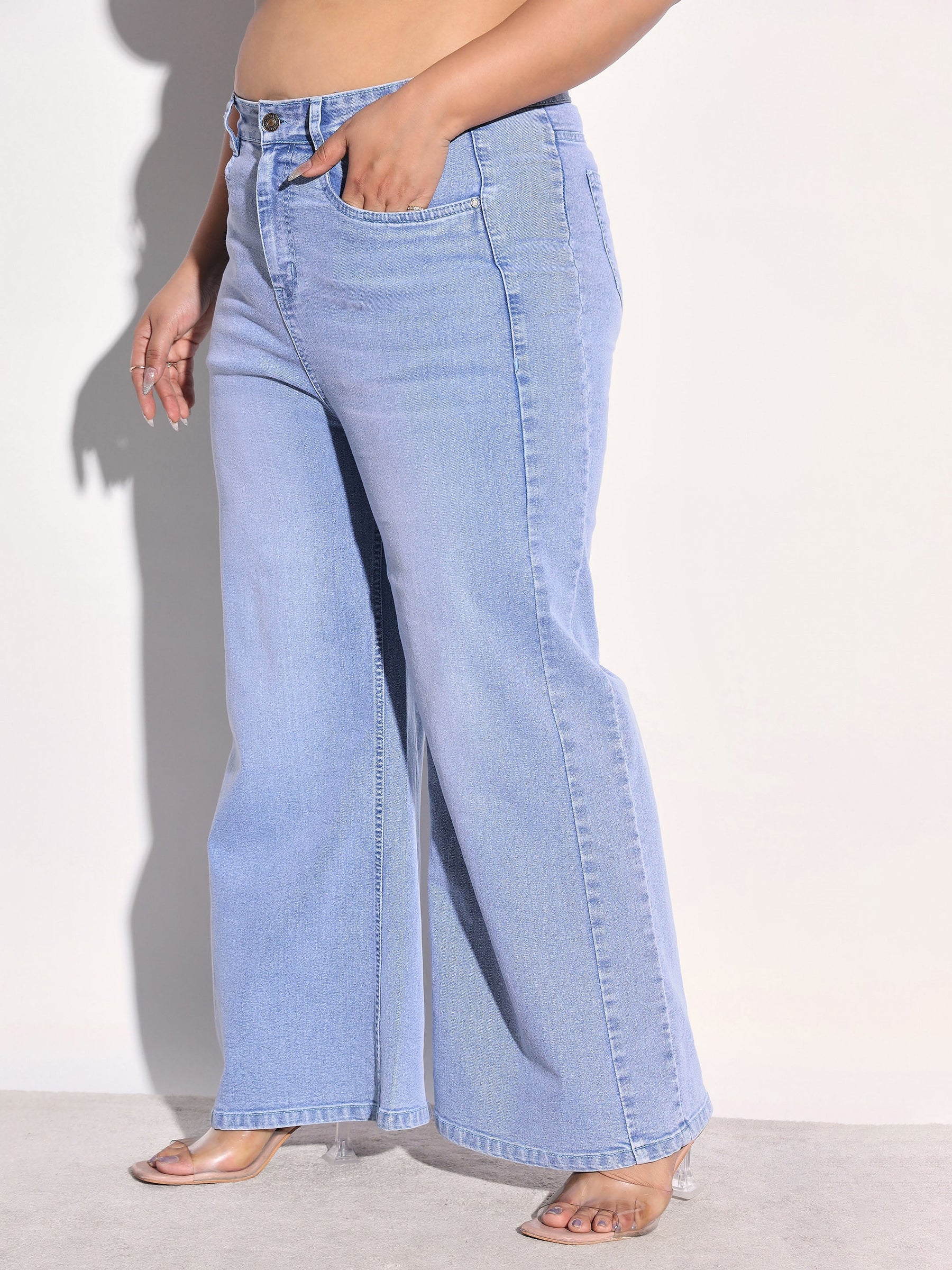 Ice Blue Denim Side Seam Basic Straight Jeans-SASSAFRAS Curve
