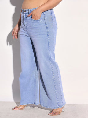 Ice Blue Denim Side Seam Basic Straight Jeans-SASSAFRAS Curve