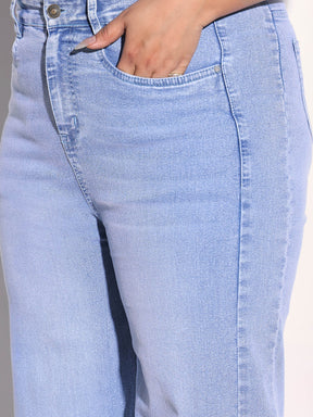 Ice Blue Denim Side Seam Basic Straight Jeans-SASSAFRAS Curve