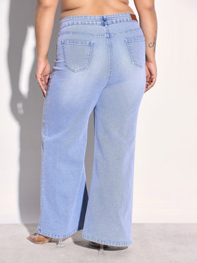 Ice Blue Denim Side Seam Basic Straight Jeans-SASSAFRAS Curve