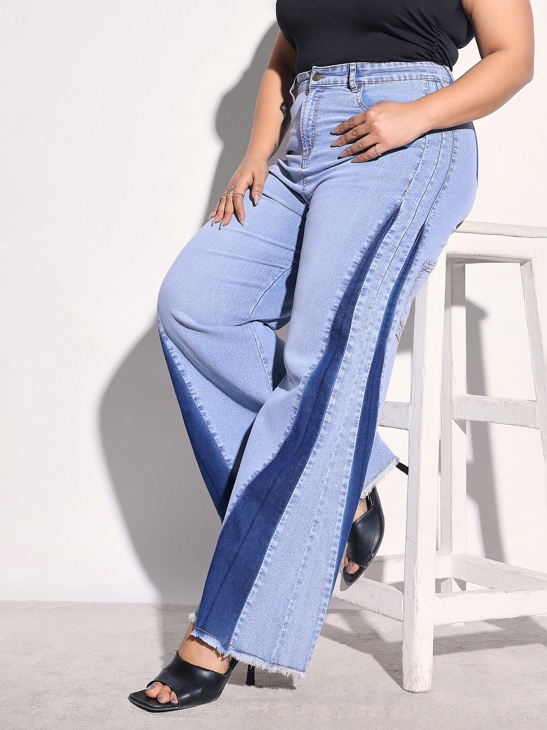 Ice Blue Denim Side Color Block Flared Jeans -SASSAFRAS Curve