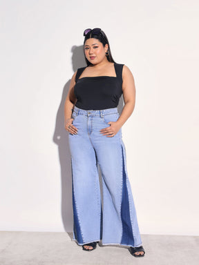 Ice Blue Denim Side Color Block Flared Jeans -SASSAFRAS Curve