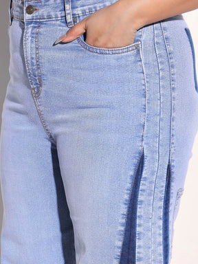 Ice Blue Denim Side Color Block Flared Jeans -SASSAFRAS Curve