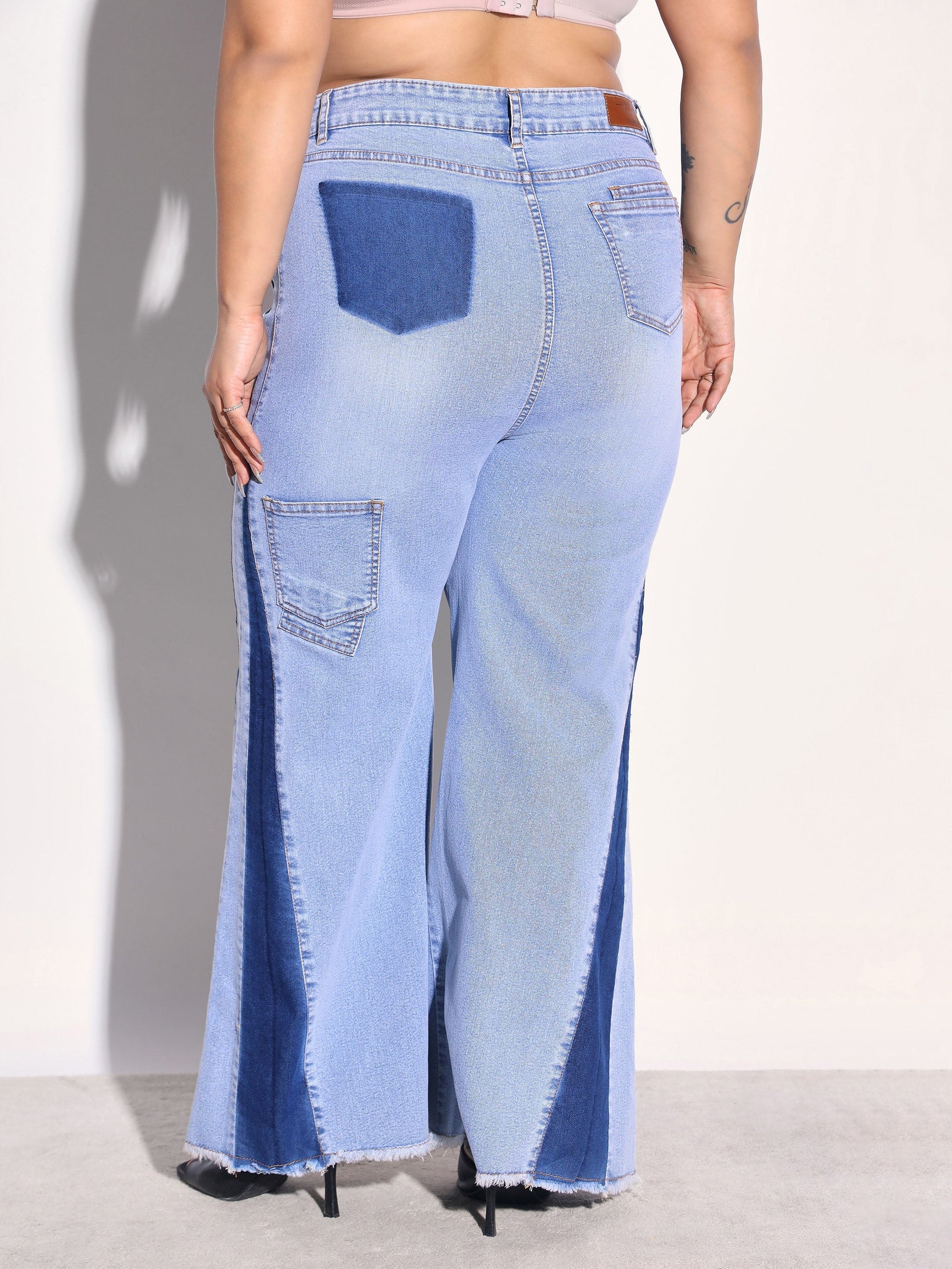 Ice Blue Denim Side Color Block Flared Jeans -SASSAFRAS Curve
