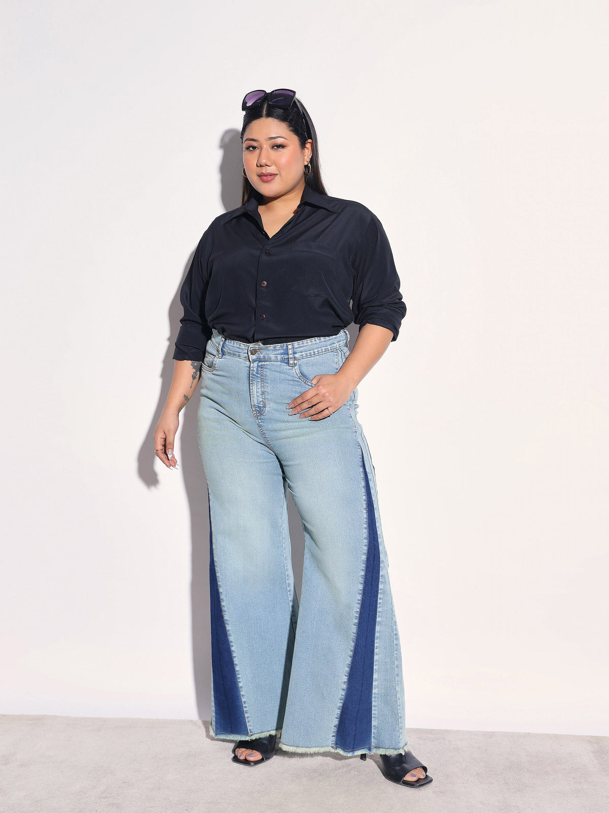 Blue Whisker Denim Side Color Block Flared Jeans -SASSAFRAS Curve