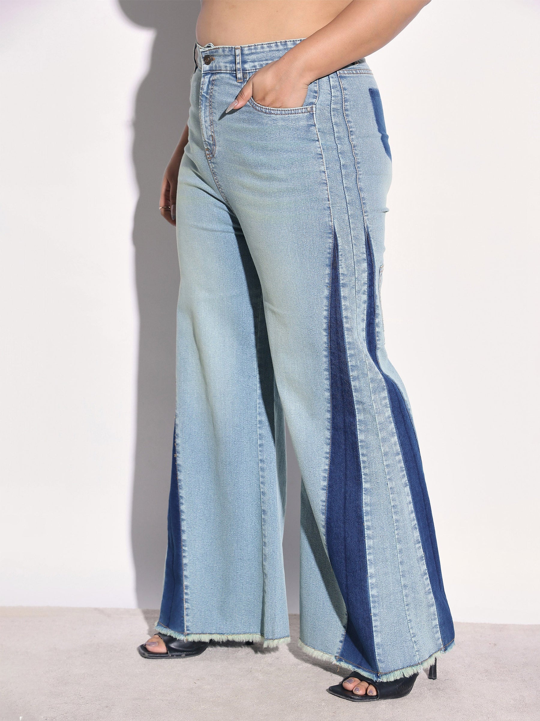 Blue Whisker Denim Side Color Block Flared Jeans -SASSAFRAS Curve