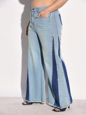 Blue Whisker Denim Side Color Block Flared Jeans -SASSAFRAS Curve