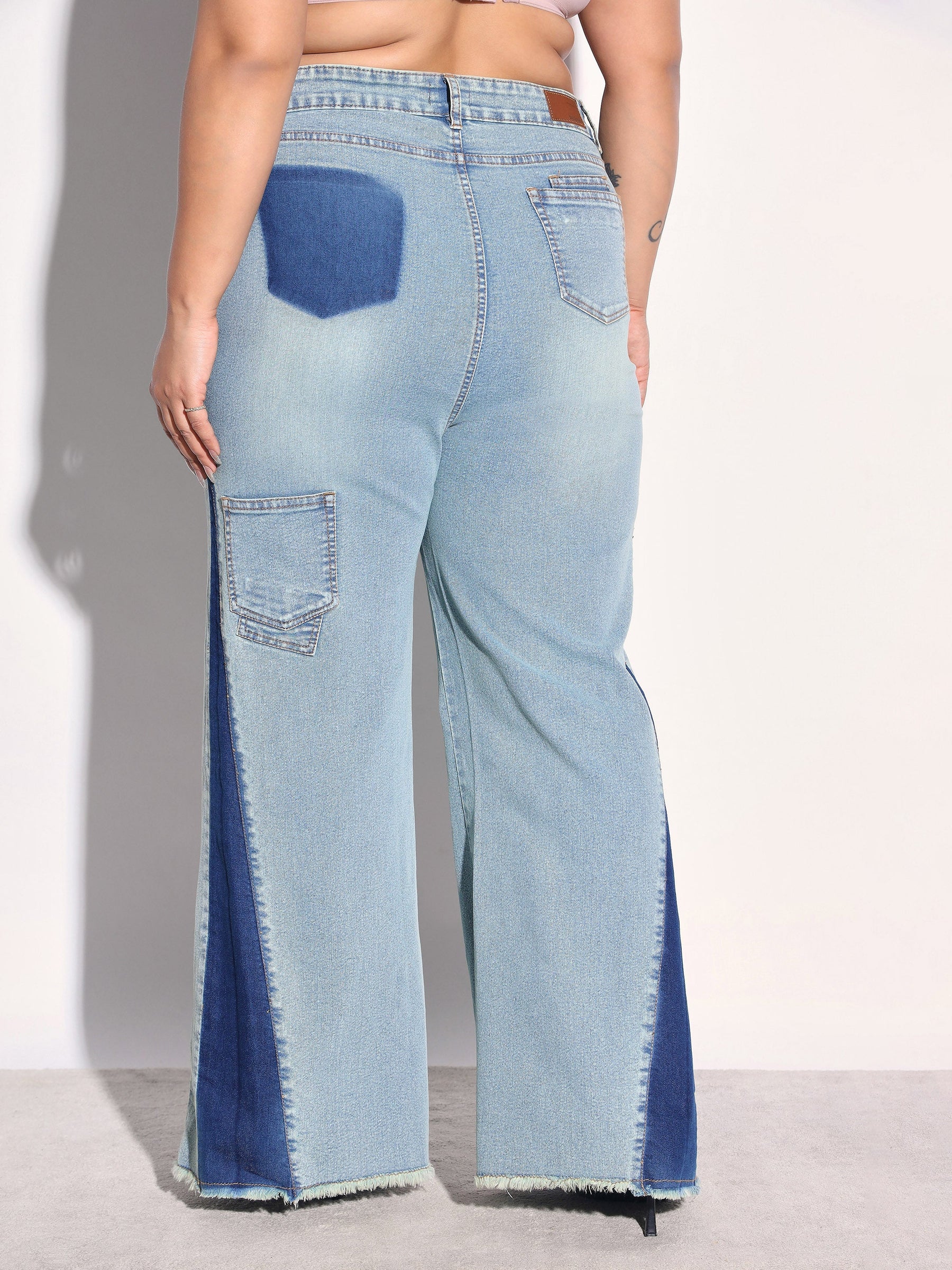 Blue Whisker Denim Side Color Block Flared Jeans -SASSAFRAS Curve