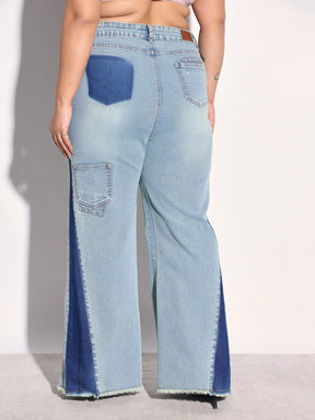 Blue Whisker Denim Side Color Block Flared Jeans -SASSAFRAS Curve
