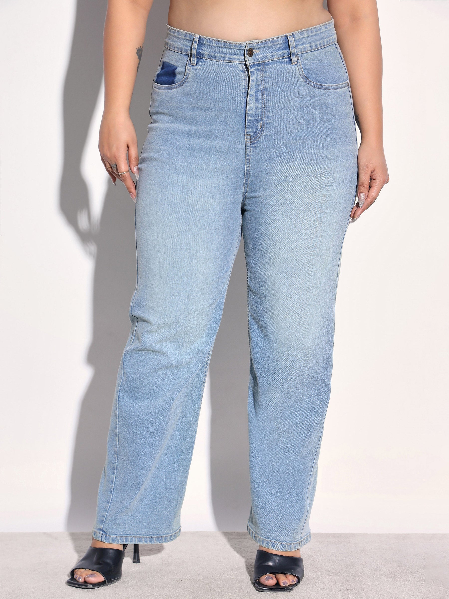 Green Wash Denim Straight Fit Jeans -SASSAFRAS Curve