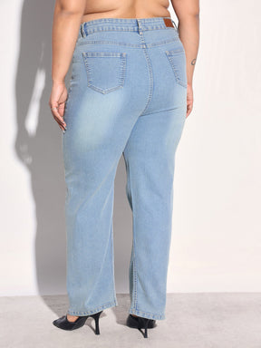 Green Wash Denim Straight Fit Jeans -SASSAFRAS Curve