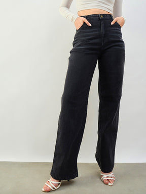 Black Whisker High Waist Straight Fit Jeans-SASSAFRAS BASICS