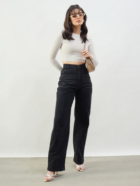 Black Whisker High Waist Straight Fit Jeans-SASSAFRAS BASICS