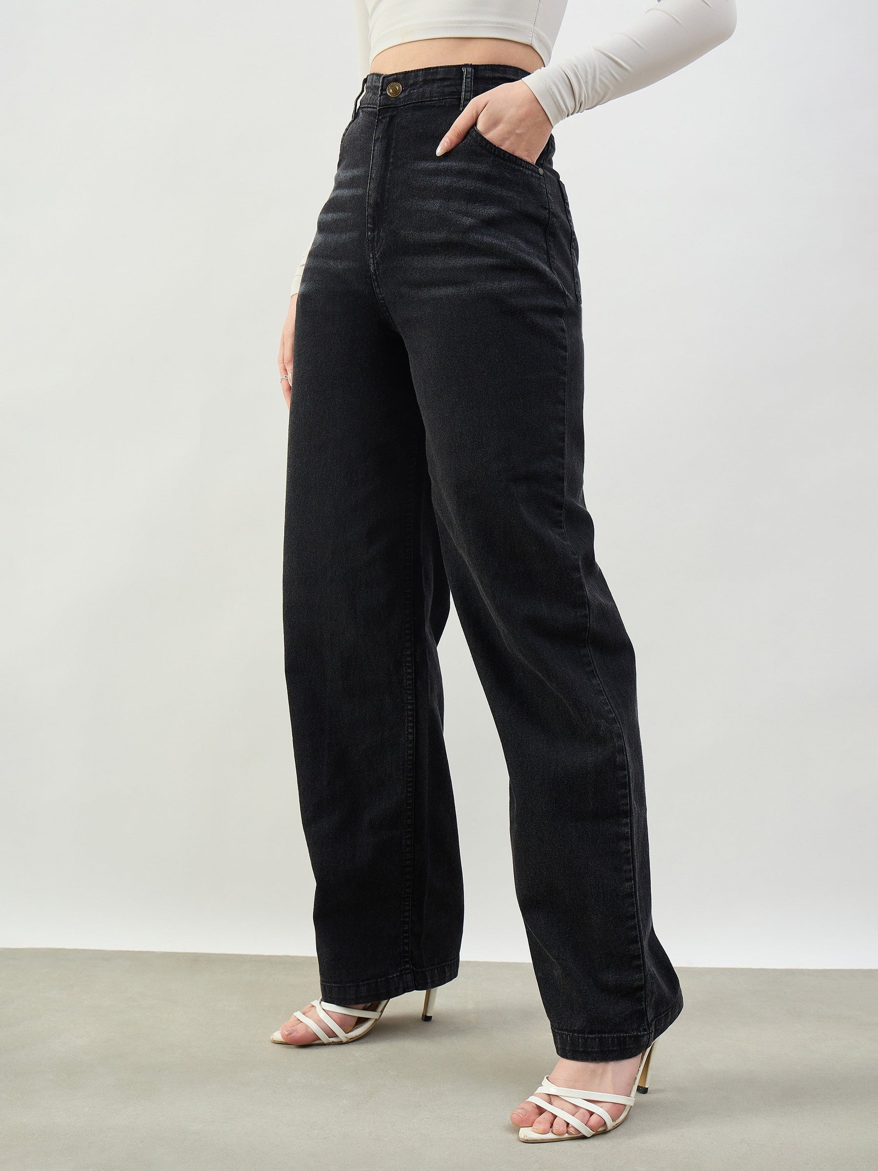 Black Whisker High Waist Straight Fit Jeans-SASSAFRAS BASICS