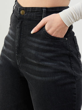 Black Whisker High Waist Straight Fit Jeans-SASSAFRAS BASICS