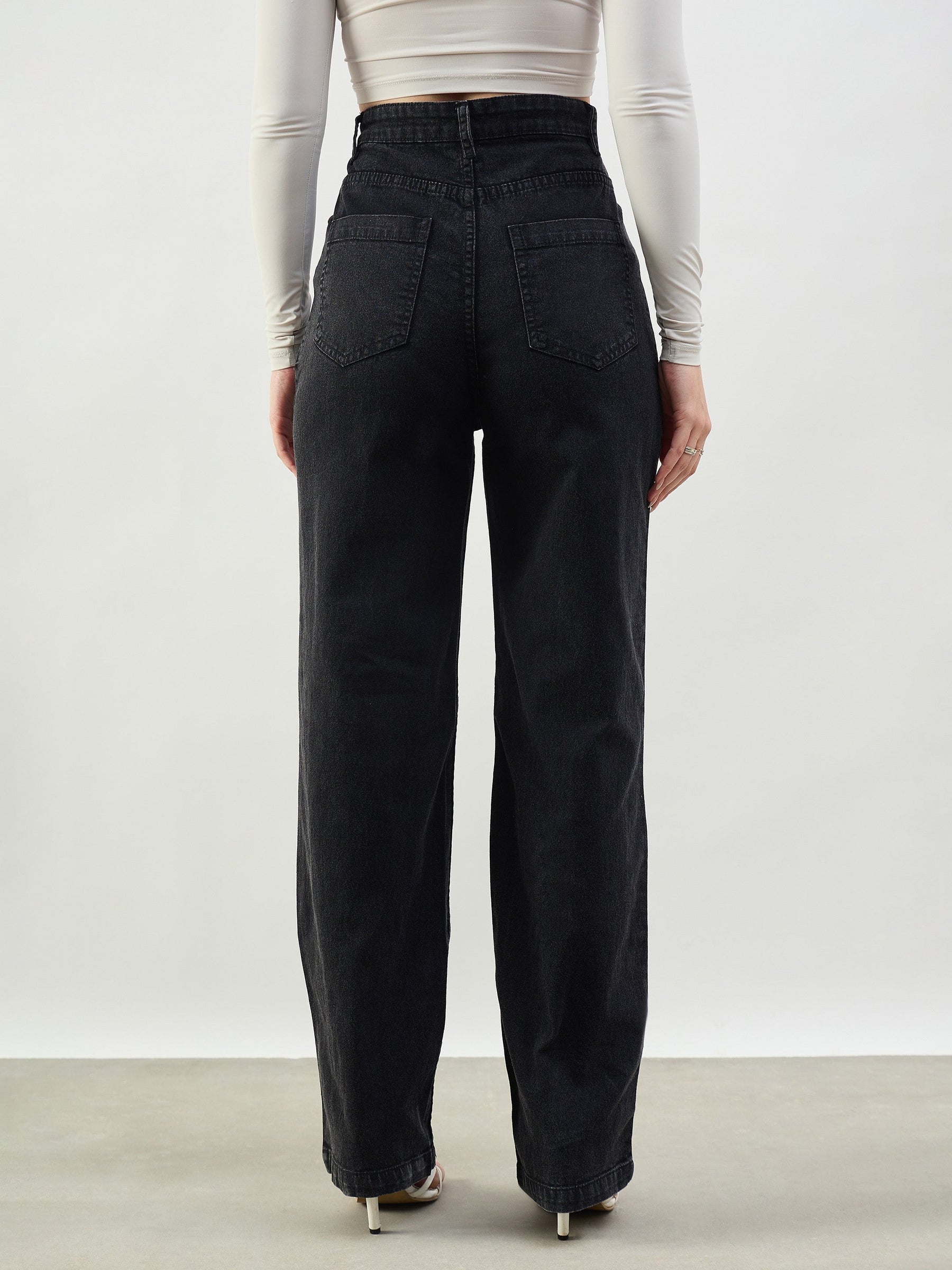 Black Whisker High Waist Straight Fit Jeans-SASSAFRAS BASICS