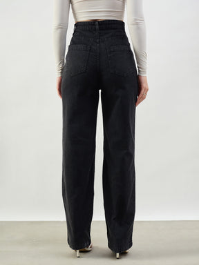Black Whisker High Waist Straight Fit Jeans-SASSAFRAS BASICS