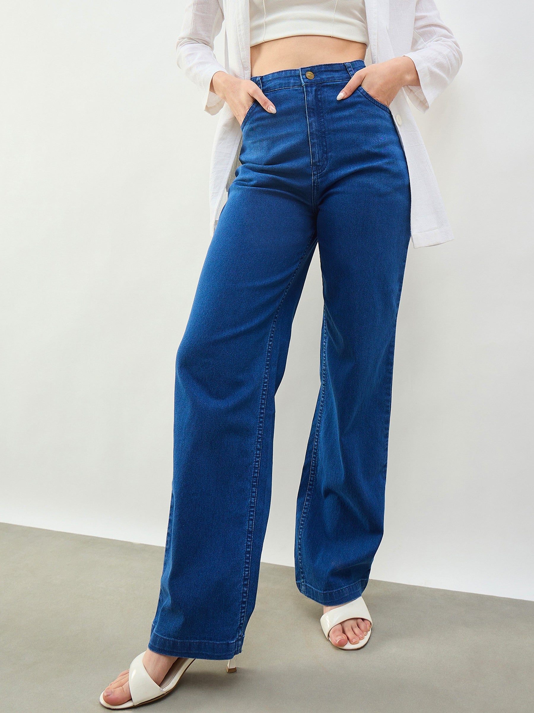 Blue Whisker High Waist Straight Fit Jeans-SASSAFRAS BASICS