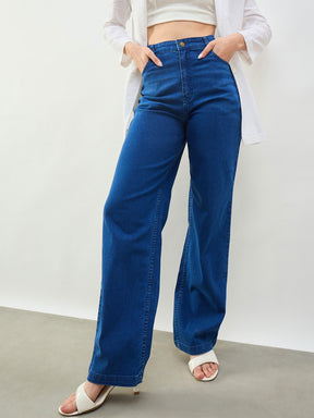 Blue Whisker High Waist Straight Fit Jeans-SASSAFRAS BASICS