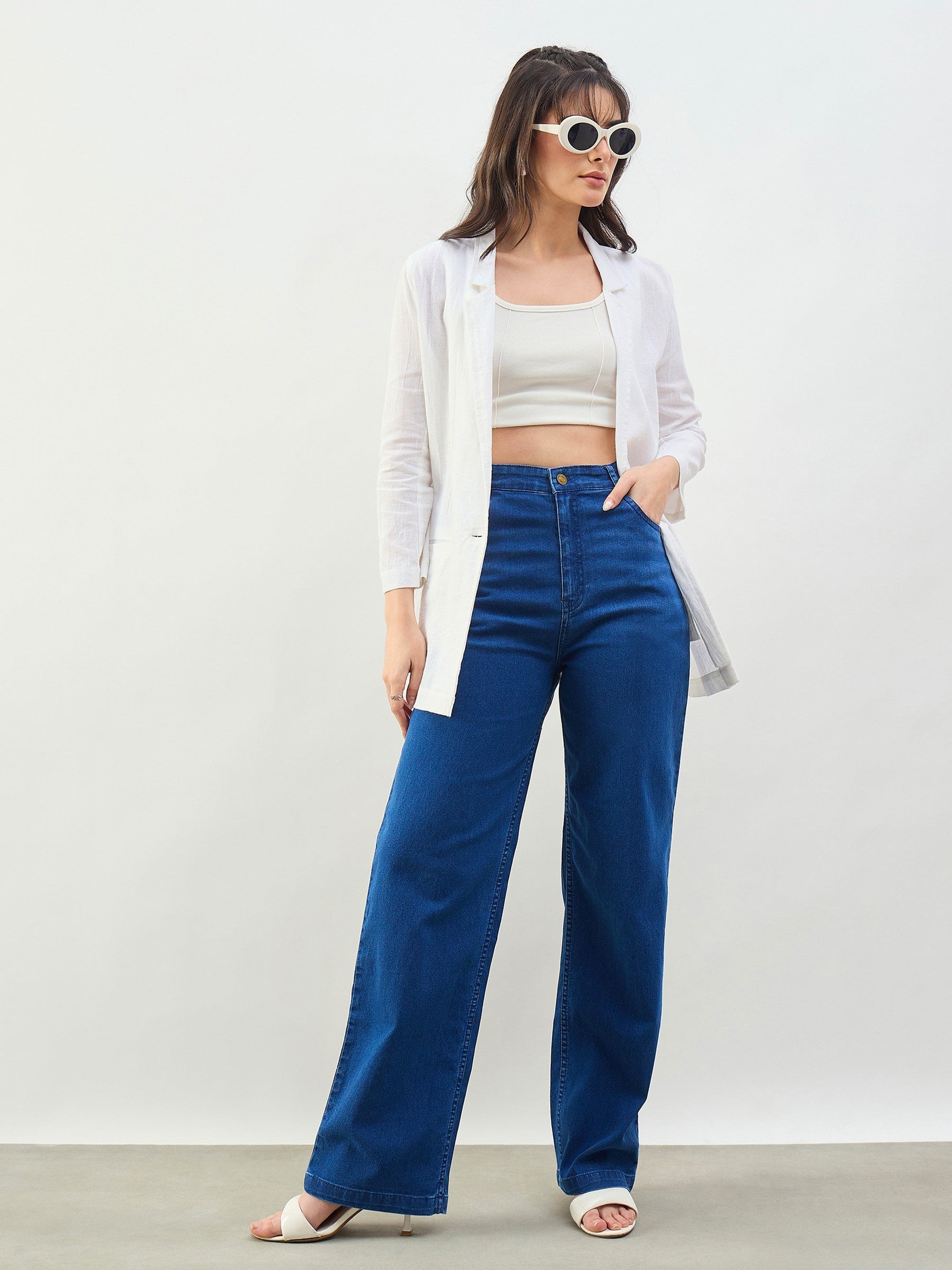 Blue Whisker High Waist Straight Fit Jeans-SASSAFRAS BASICS
