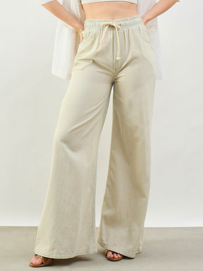 Women Faded Beige Baggy Drawstring Jeans