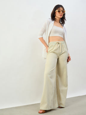 Women Faded Beige Baggy Drawstring Jeans