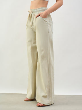 Women Faded Beige Baggy Drawstring Jeans
