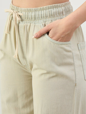 Women Faded Beige Baggy Drawstring Jeans