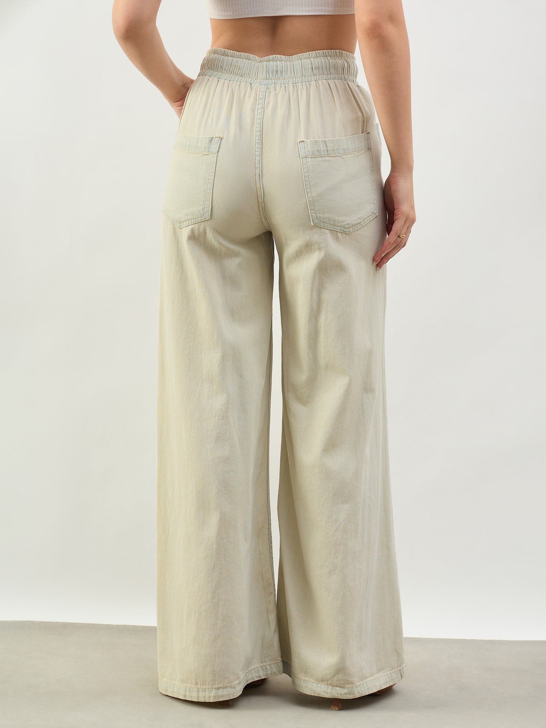 Women Faded Beige Baggy Drawstring Jeans