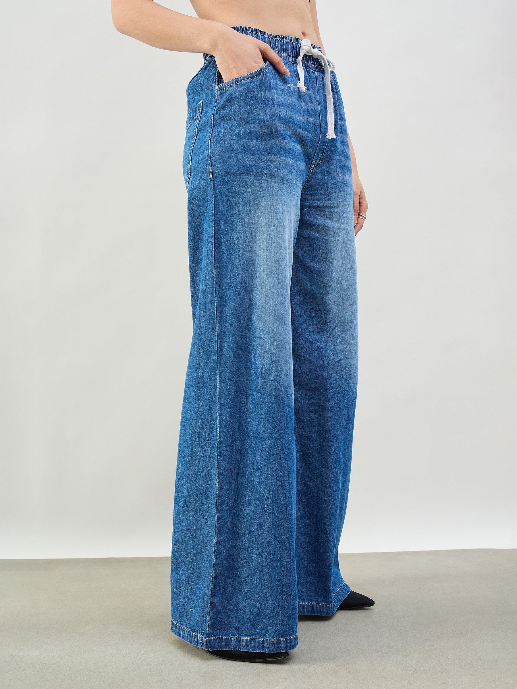 Blue Whiskers Baggy Drawstring Jeans-SASSAFRAS BASICS