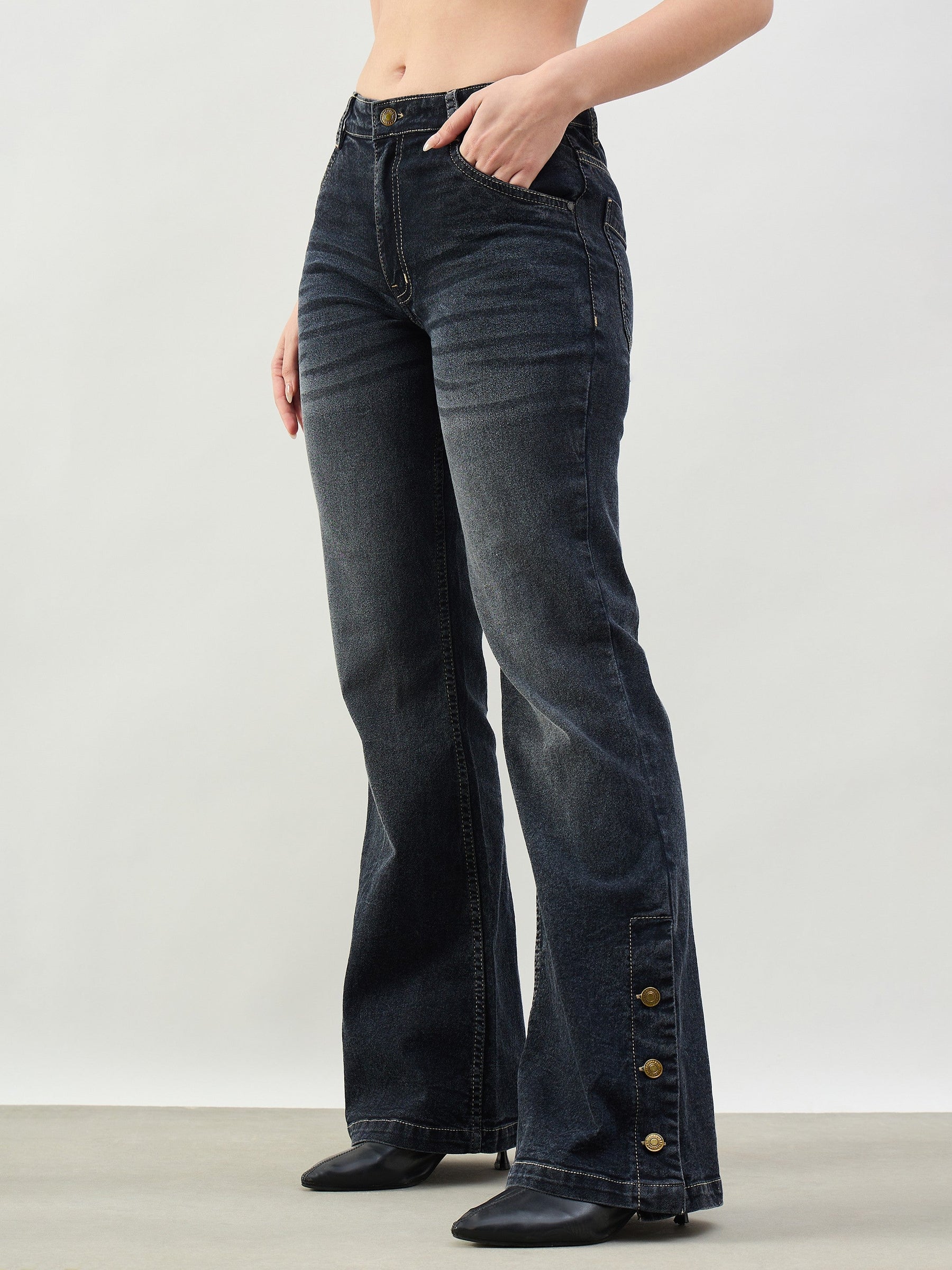 Black Washed Button-at-Hem Boot Cut Jeans-SASSAFRAS BASICS