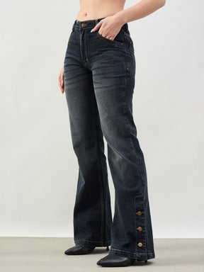 Black Washed Button-at-Hem Boot Cut Jeans-SASSAFRAS BASICS
