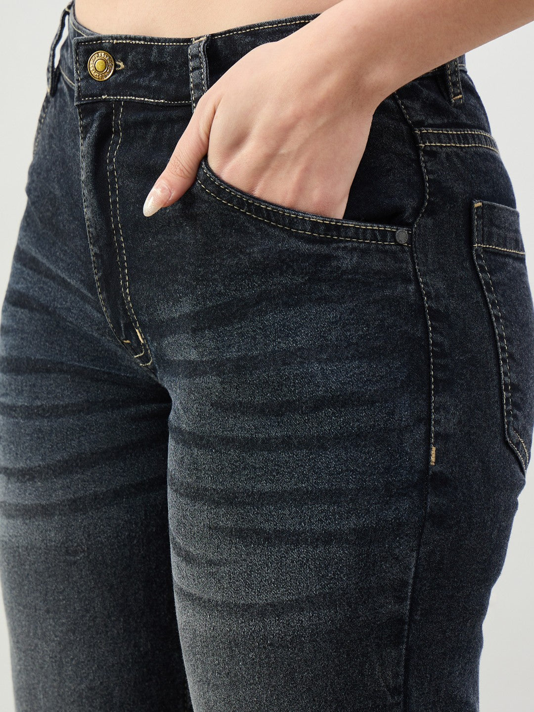 Black Washed Button-at-Hem Boot Cut Jeans-SASSAFRAS BASICS