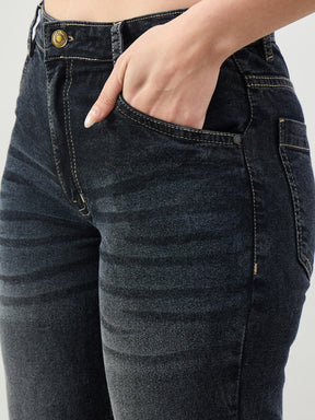 Black Washed Button-at-Hem Boot Cut Jeans-SASSAFRAS BASICS