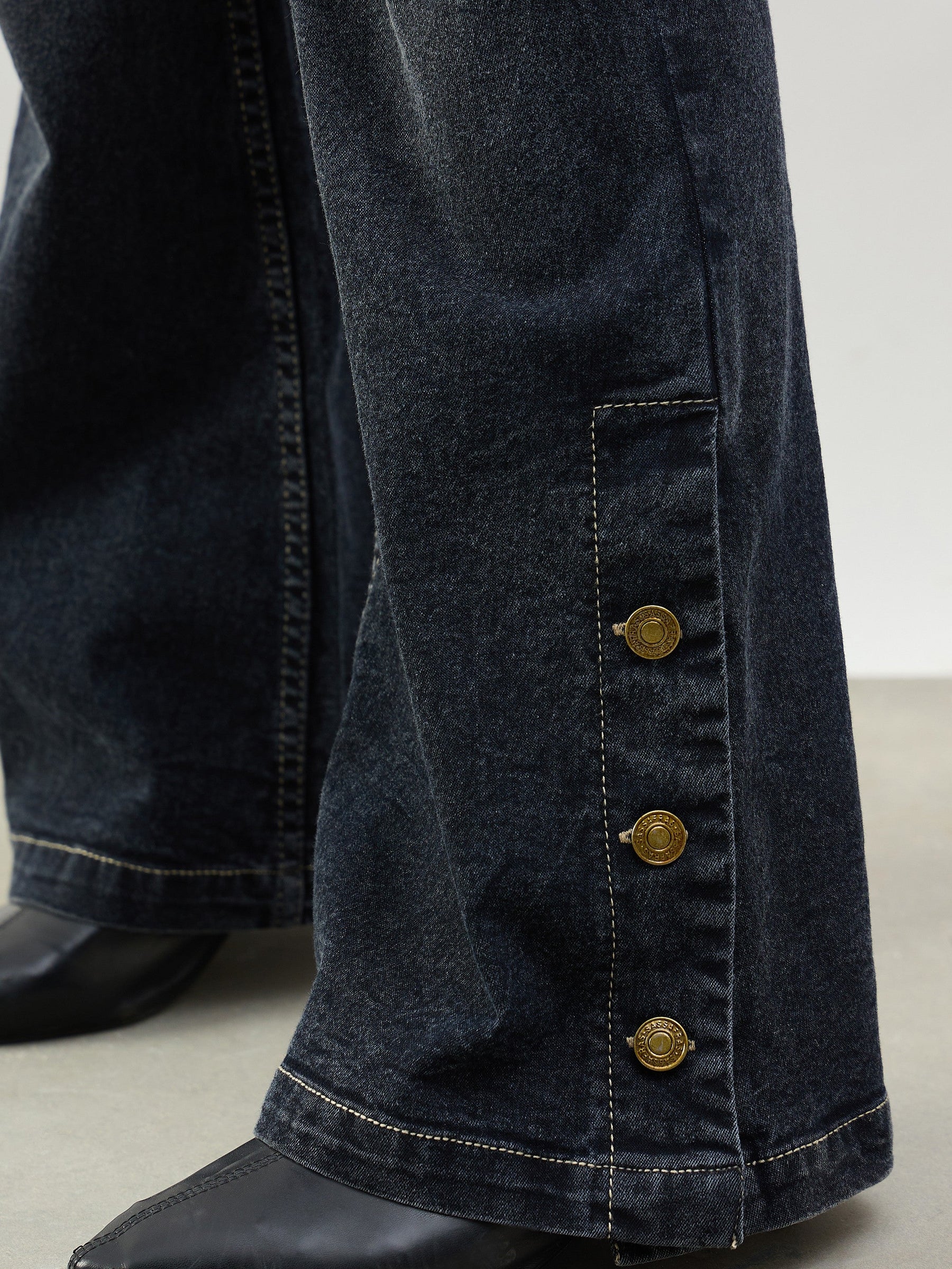 Black Washed Button-at-Hem Boot Cut Jeans-SASSAFRAS BASICS