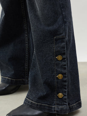 Black Washed Button-at-Hem Boot Cut Jeans-SASSAFRAS BASICS