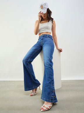Blue Washed Button-at-Hem Boot Cut Jeans-SASSAFRAS BASICS