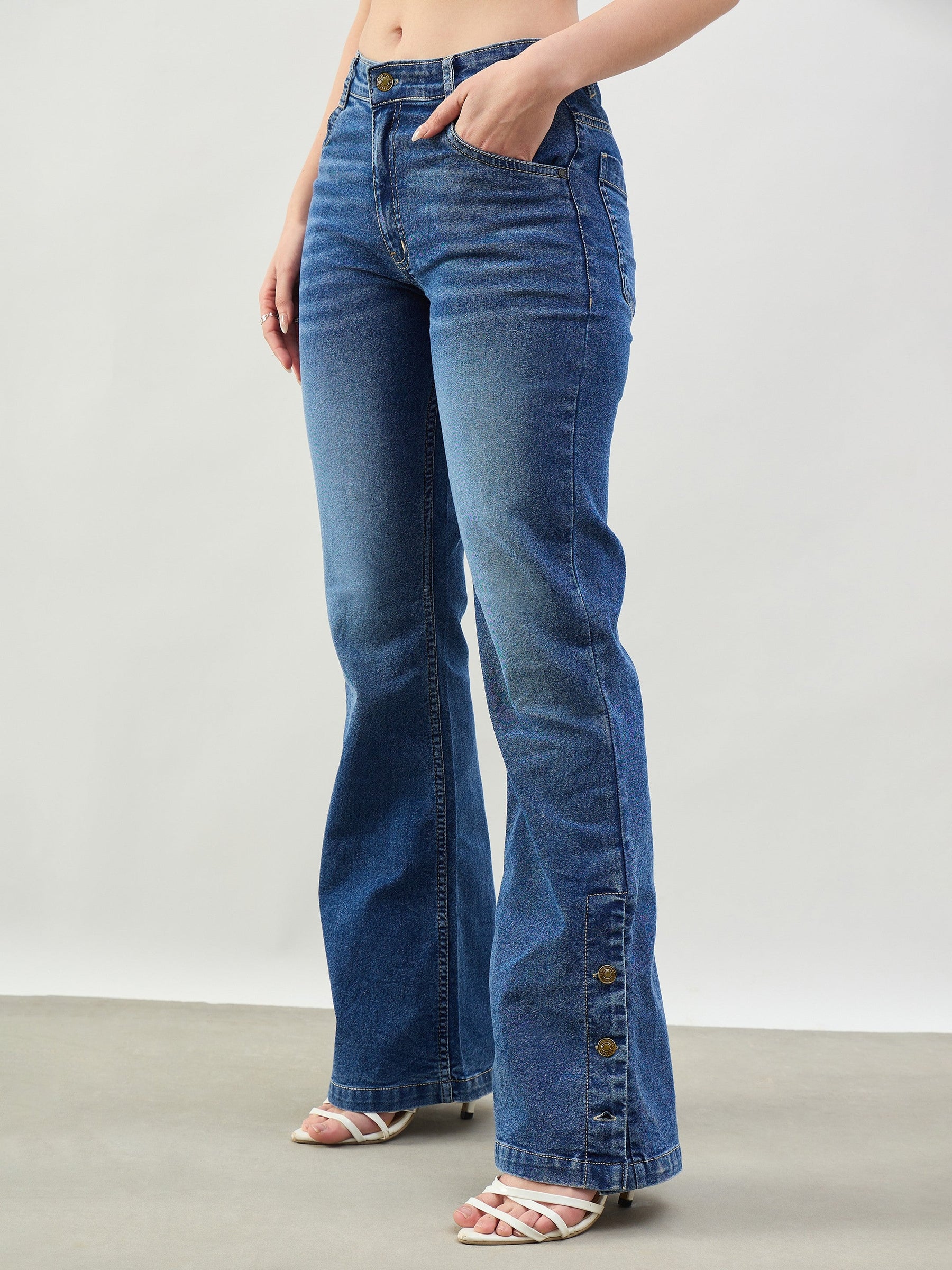 Blue Washed Button-at-Hem Boot Cut Jeans-SASSAFRAS BASICS