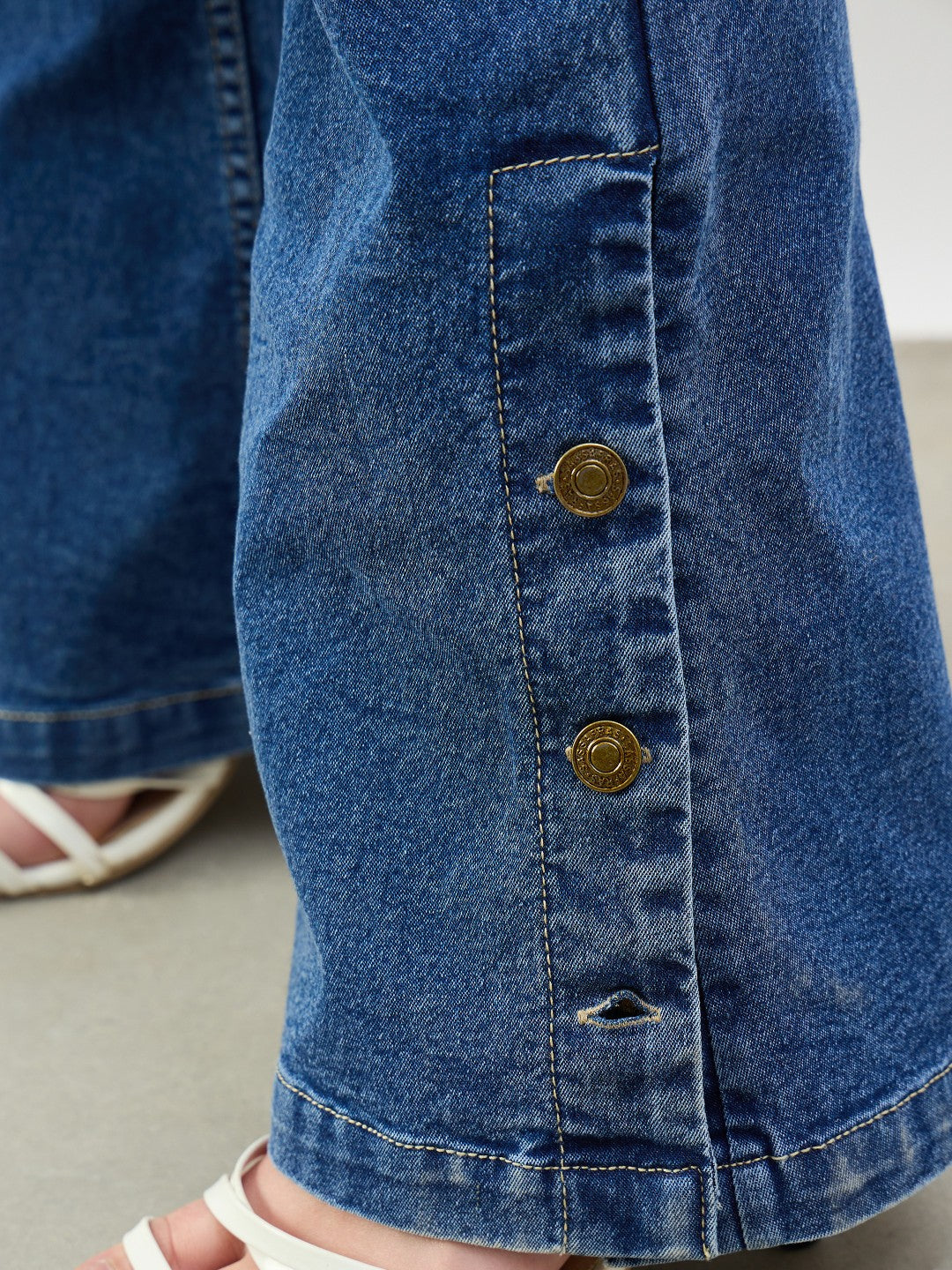 Blue Washed Button-at-Hem Boot Cut Jeans-SASSAFRAS BASICS