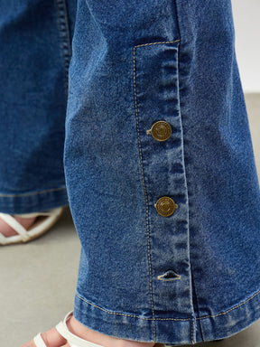 Blue Washed Button-at-Hem Boot Cut Jeans-SASSAFRAS BASICS