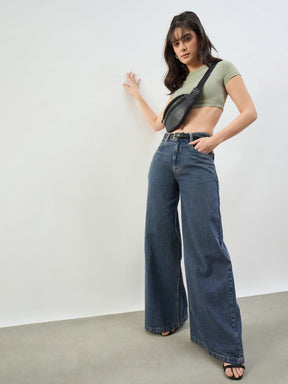 Blue Wash Low Waist Wide Leg Jeans -SASSAFRAS BASICS
