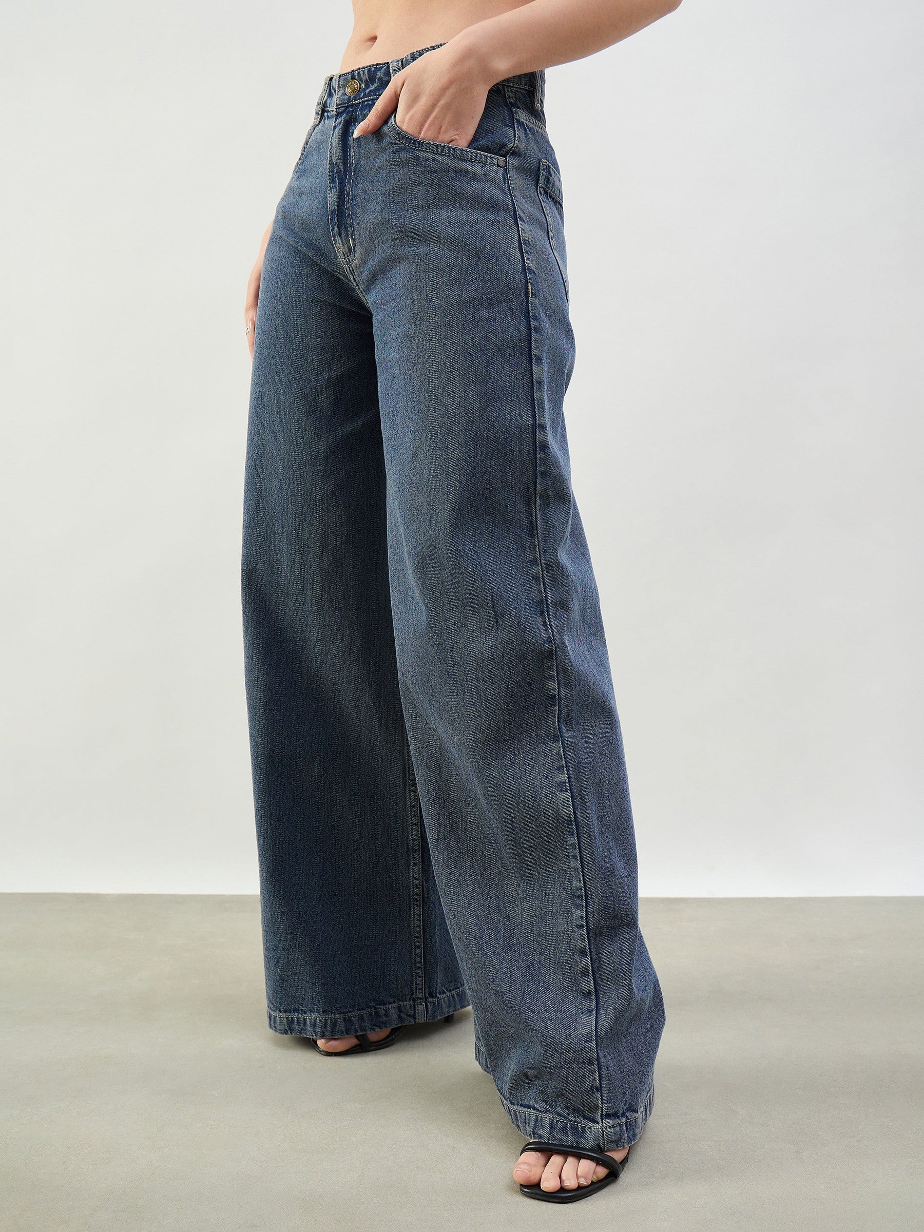 Blue Wash Low Waist Wide Leg Jeans -SASSAFRAS BASICS