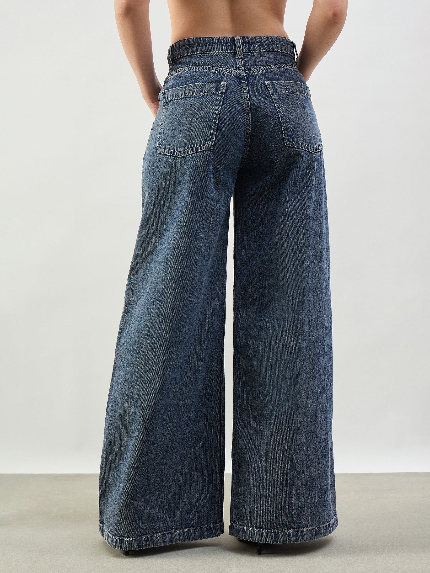 Blue Wash Low Waist Wide Leg Jeans -SASSAFRAS BASICS