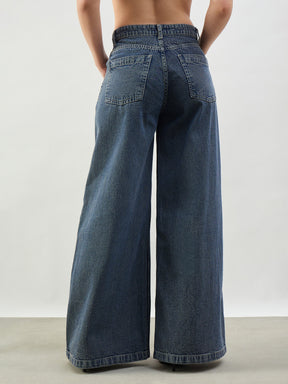 Blue Wash Low Waist Wide Leg Jeans -SASSAFRAS BASICS